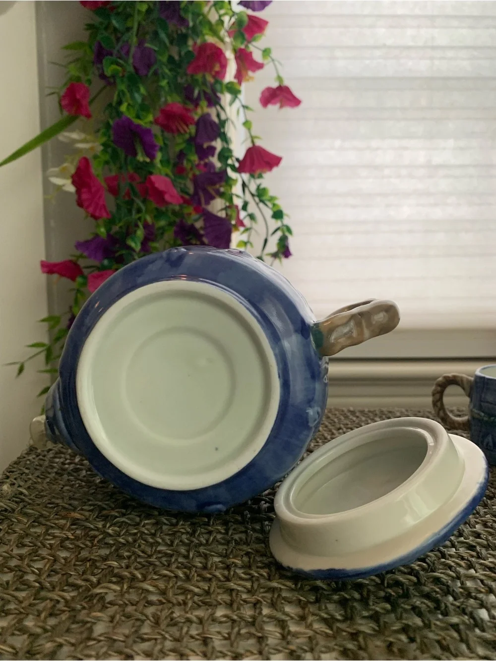 Chinese Miniature Blue Nautical & Rope Handle Ceramic Design Teapot and Cup Set